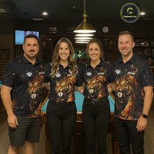 Load image into Gallery viewer, Billiard team wearing matching grunge tiger 8 ball pool jerseys front view.