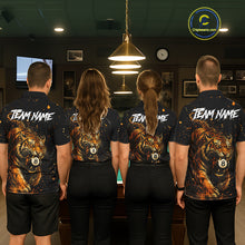 Load image into Gallery viewer, Billiard team wearing matching grunge tiger 8 ball pool jerseys back view.