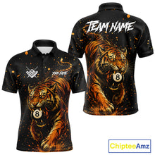 Load image into Gallery viewer, Personalized grunge tiger 8 ball pool billiard team jersey polo shirt for men, custom pool league apparel and billiard tournament jersey.