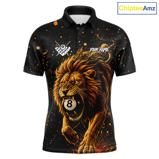 Personalized grunge lion 8 ball billiard pool team jersey polo shirt for men, custom 8 ball pool league apparel and billiard tournament jersey.