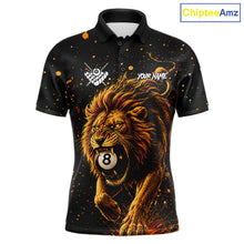 Load image into Gallery viewer, Personalized grunge lion 8 ball billiard pool team jersey polo shirt for men, custom 8 ball pool league apparel and billiard tournament jersey.