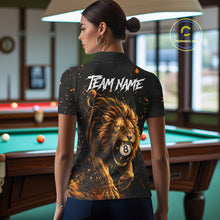 Load image into Gallery viewer, Woman wearing personalized grunge lion 8 ball billiard polo shirt back view.