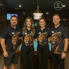 Load image into Gallery viewer, Billiard team wearing matching grunge lion 8 ball jerseys front view.