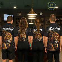 Load image into Gallery viewer, Billiard team wearing matching grunge lion 8 ball jerseys back view.