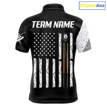 Load image into Gallery viewer, Personalized American flag 8 ball skull billiard pool team jersey polo shirt for men, custom 8 ball pool league apparel and billiard tournament jersey.