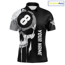 Load image into Gallery viewer, Personalized American flag 8 ball skull billiard pool team jersey polo shirt for men, custom 8 ball pool league apparel and billiard tournament jersey.