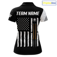 Load image into Gallery viewer, Personalized American flag 8 ball skull billiard pool team jersey polo shirt for women, custom 8 ball pool league apparel and billiard tournament jersey.