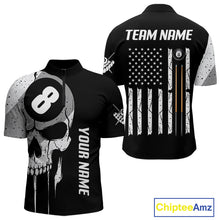 Load image into Gallery viewer, Personalized American flag 8 ball skull billiard quarter zip shirt for men, custom 8 ball pool team jersey and league apparel.