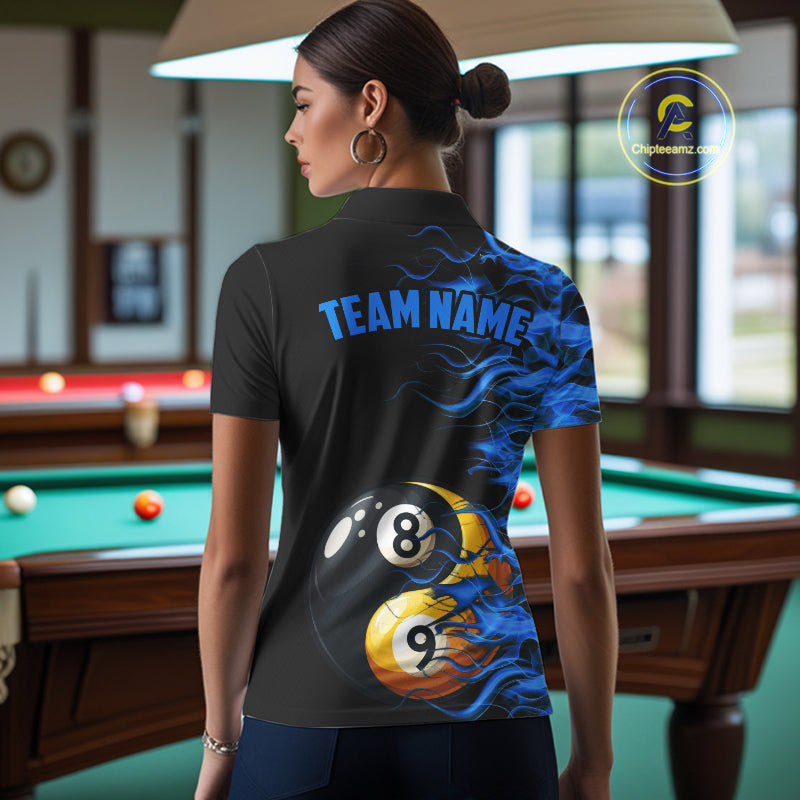 Blue Flaming Funny Yin-Yang 8 Ball & 9 Ball Billiard Shirt For Women Custom Pool Team Jerseys TDM4711
