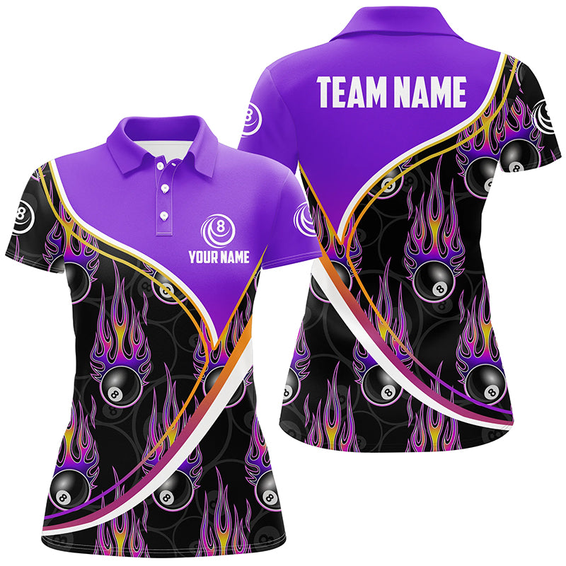 Personalized Purple Black 3D Pattern Billiard Women Polo Shirts Custom Name Flaming 8 Ball Shirts TDM0268