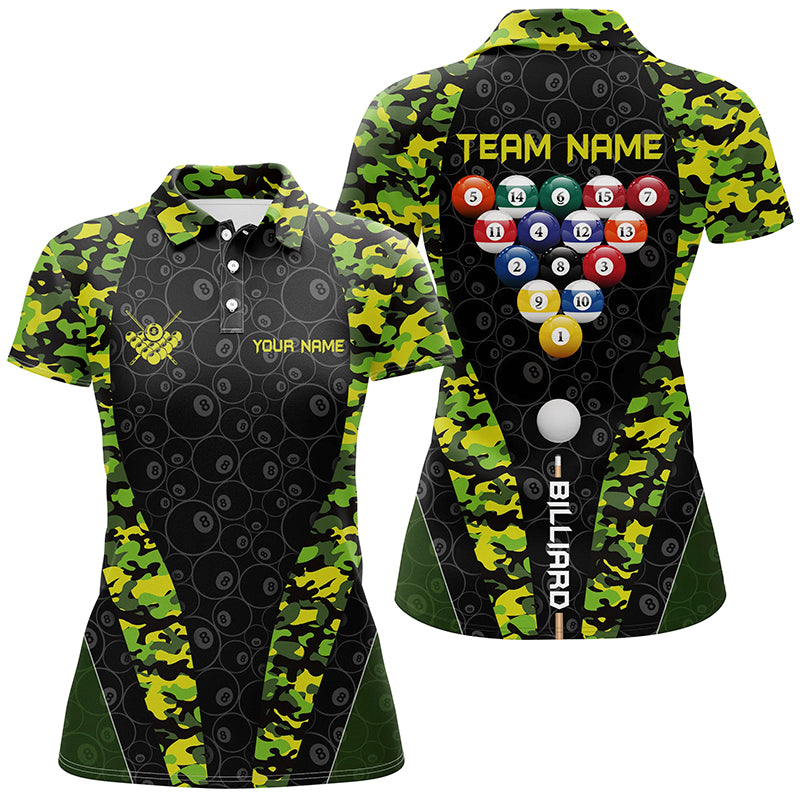 Personalized Billiard Balls Camo Pattern Women Polo Shirts Custom 8 Ball Team Shirts, Billiard Attire TDM0473
