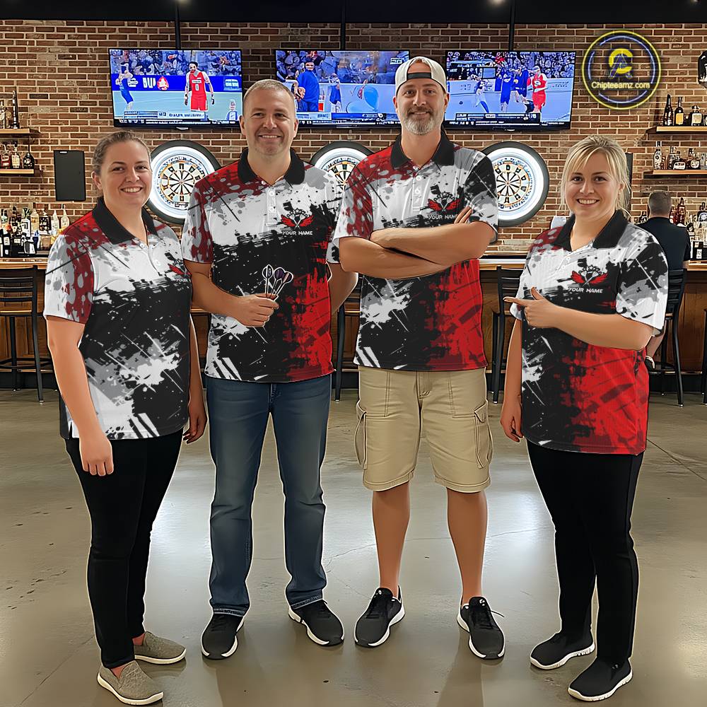 Red Grunge Paint Splash Dart Shirts For Women Custom Darts Jersey Team Polo & Quarter Zip TDM5352
