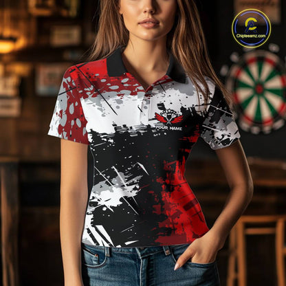 Red Grunge Paint Splash Dart Shirts For Women Custom Darts Jersey Team Polo & Quarter Zip TDM5352