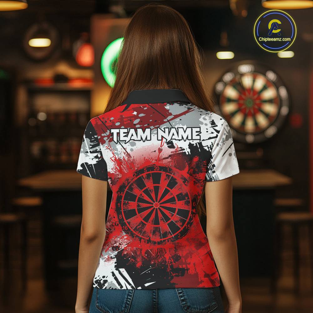 Red Grunge Paint Splash Dart Shirts For Women Custom Darts Jersey Team Polo & Quarter Zip TDM5352