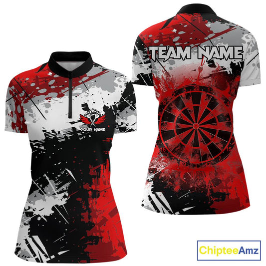 Red Grunge Paint Splash Dart Shirts For Women Custom Darts Jersey Team Polo & Quarter Zip TDM5352