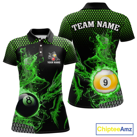Green 8 Ball & 9 Ball Flame Smoke Custom Dragon Billiard Shirts For Women, Billiard Team Jersey TDM5631