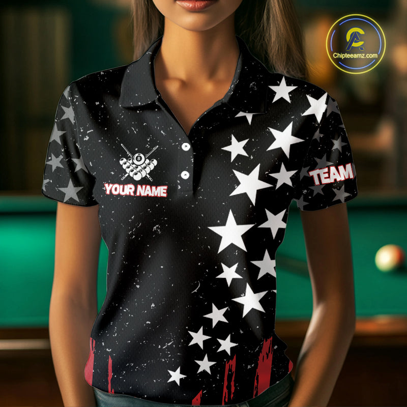 Black Grunge American Flag Billiard Shirt For Women Custom Patriotic Billiard Pool Jersey TDM3824