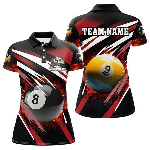 Personalized Billiard 8 Ball & 9 Ball Fire Women Polo Shirts Custom Billiard Jersey Attire | Red TDM1368