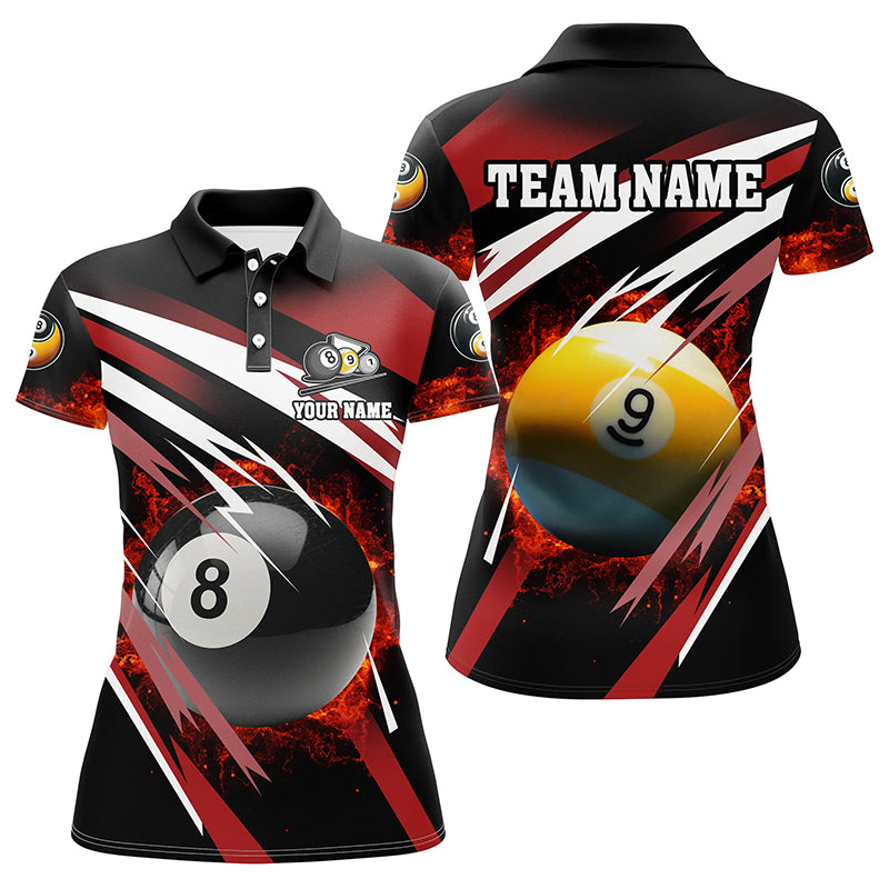 Personalized Billiard 8 Ball & 9 Ball Fire Women Polo Shirts Custom Billiard Jersey Attire | Red TDM1368