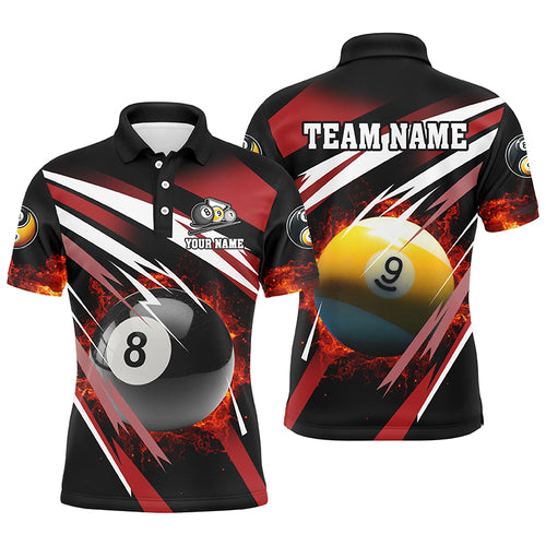 Personalized Billiard 8 Ball & 9 Ball Fire Men Polo Shirts Custom Billiard Jersey Attire | Red TDM1368