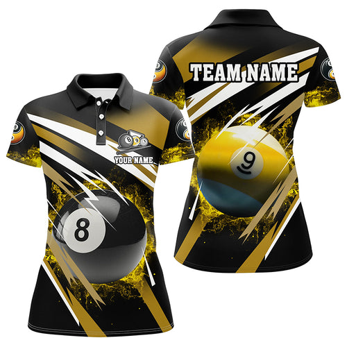Personalized Billiard 8 Ball & 9 Ball Fire Women Polo Shirts Custom Billiard Jersey Attire | Yellow TDM1369
