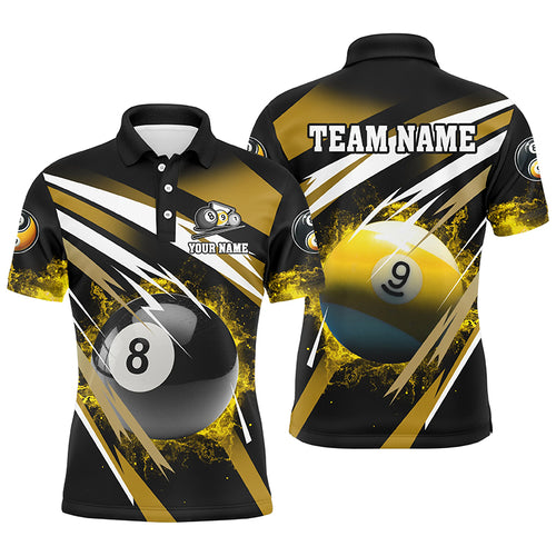 Personalized Billiard 8 Ball & 9 Ball Fire Men Polo Shirts Custom Billiard Jersey Attire | Yellow TDM1369