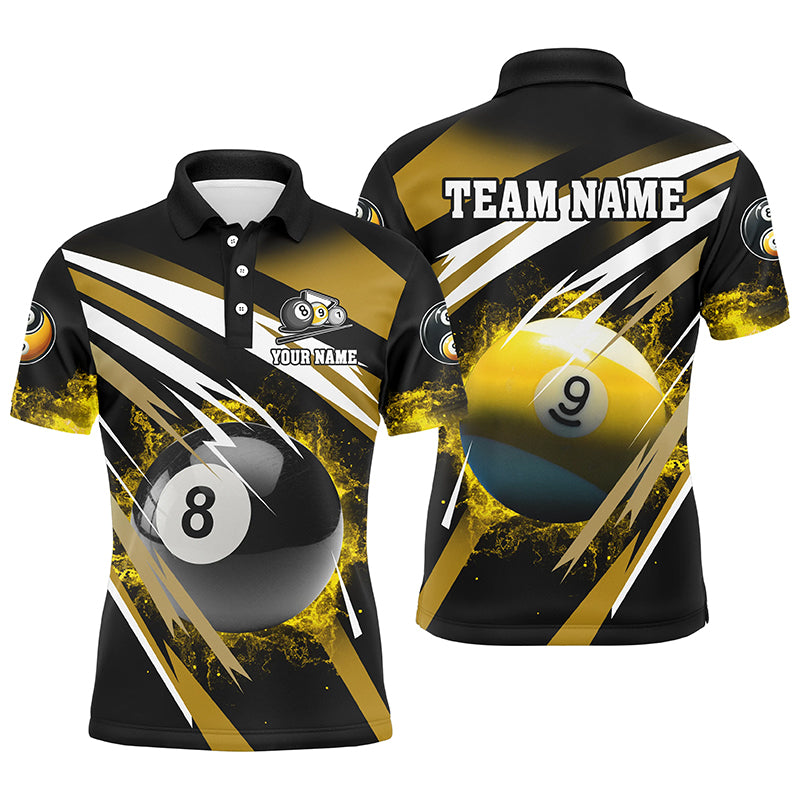Personalized Billiard 8 Ball & 9 Ball Fire Men Polo Shirts Custom Billiard Jersey Attire | Yellow TDM1369