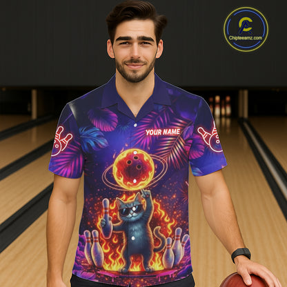 Custom Funny Cat Flame Bowling Hawaiian Shirt For Men Women, Personalized Tropical Bowling Jersey TDM6454