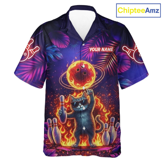 Custom Funny Cat Flame Bowling Hawaiian Shirt For Men Women, Personalized Tropical Bowling Jersey TDM6454