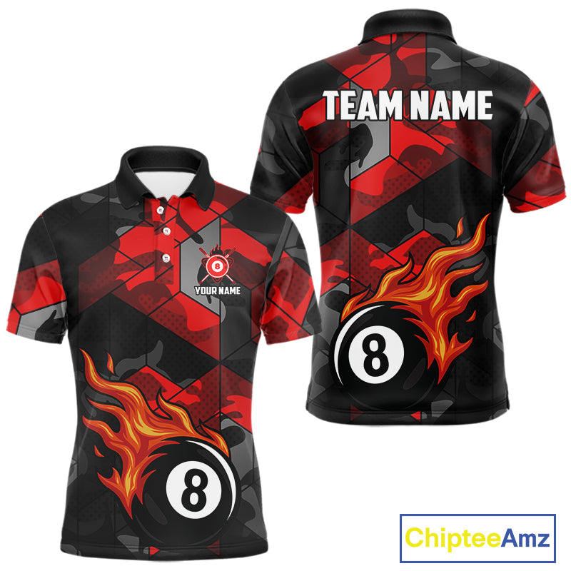 Red And Black Camo Billiard Shirt For Men Custom Flaming 8 Ball Pool Team Shirt, Billiard Jerseys TDM4119