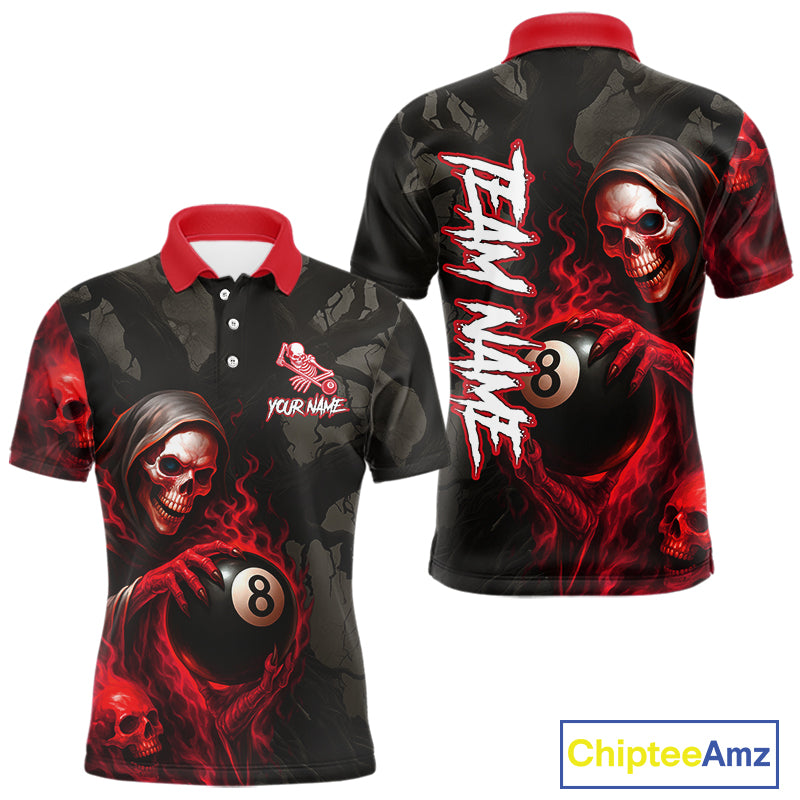 Grim Reaper Custom Flame 8 Ball Pool Billiard Shirt For Men, Black And Red Billiard Team Jerseys TDM4120