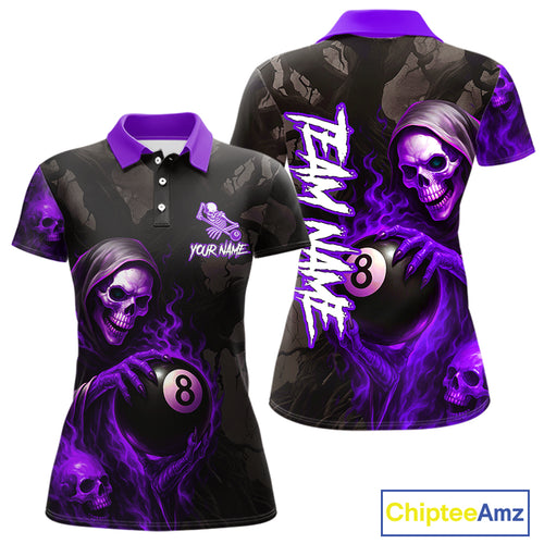 Grim Reaper Custom Flame 8 Ball Pool Billiard Shirt For Women, Purple Black Billiard Team Jersey TDM4121