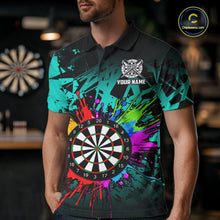 Load image into Gallery viewer, Man wearing a turquoise dartboard darts shirt during league match front view.