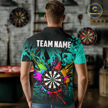Load image into Gallery viewer, Back view of man wearing a turquoise colorful darts jersey inside a darts hall.