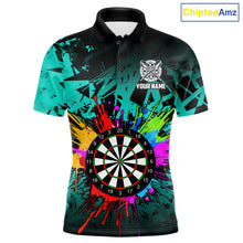 Load image into Gallery viewer, Turquoise funny dartboard darts shirt for men with colorful vibrant graphics and custom league style.