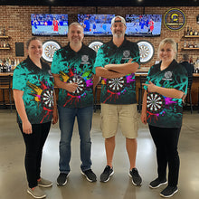 Load image into Gallery viewer, Darts team wearing matching turquoise dartboard shirts for men during tournament matches front view.