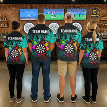 Load image into Gallery viewer, Back view of darts players wearing turquoise themed jerseys during competitive league play.