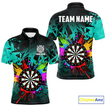 Load image into Gallery viewer, Turquoise darts polo shirt for men with dartboard design and bright team aesthetic.