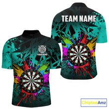 Load image into Gallery viewer, Turquoise funny dartboard quarter zip shirt for men built for darts tournaments and competitive play.