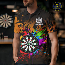 Load image into Gallery viewer, Man wearing an orange dartboard darts shirt during darts match front view.