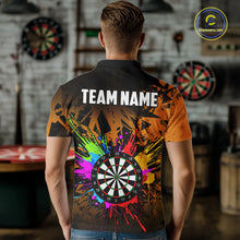 Load image into Gallery viewer, Back view of man wearing an orange colorful darts jersey inside a darts arena.