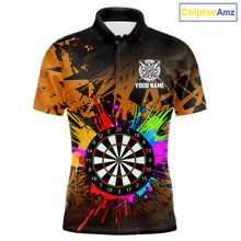 Load image into Gallery viewer, Orange funny dartboard darts shirt for men with colorful bold graphics and casual league style.