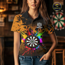 Load image into Gallery viewer, Woman wearing an orange dartboard darts shirt during darts match front view.