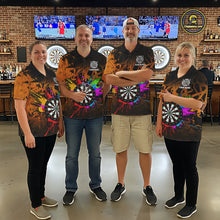 Load image into Gallery viewer, Darts team wearing matching orange dartboard shirts for men during tournament matches front view.