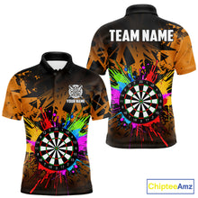 Load image into Gallery viewer, Orange darts polo shirt for men with dartboard pattern and vibrant custom team design.
