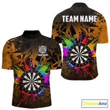 Load image into Gallery viewer, Orange funny dartboard quarter zip shirt for men built for darts tournaments and league competition.