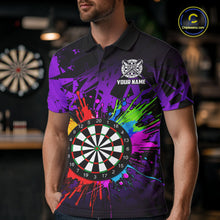 Load image into Gallery viewer, Man wearing a purple dartboard darts shirt during league match front view.