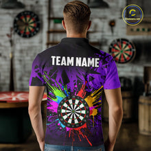 Load image into Gallery viewer, Back view of man wearing a colorful purple darts jersey inside a darts hall.