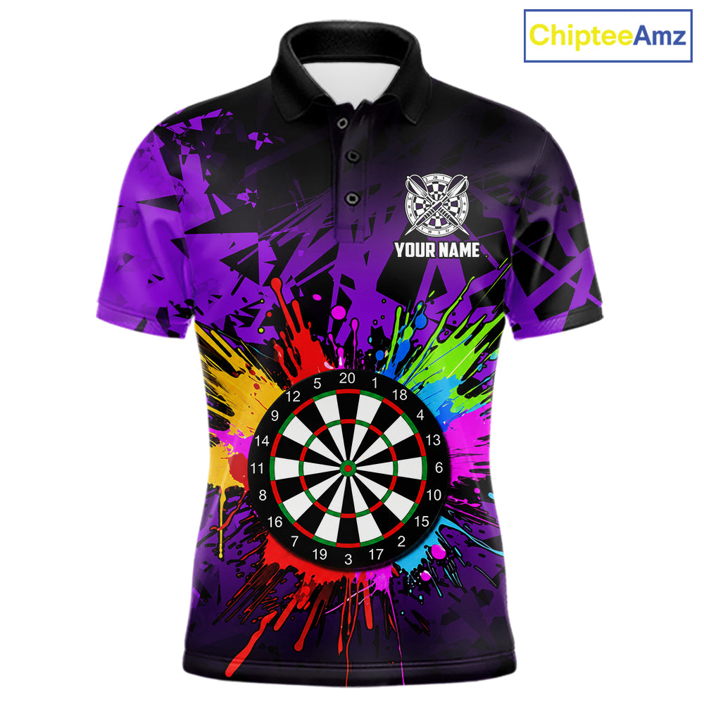 Purple funny dartboard darts shirt for men with colorful playful graphics and custom league style.