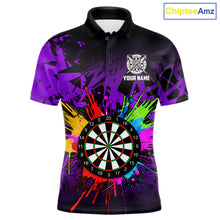 Load image into Gallery viewer, Purple funny dartboard darts shirt for men with colorful playful graphics and custom league style.